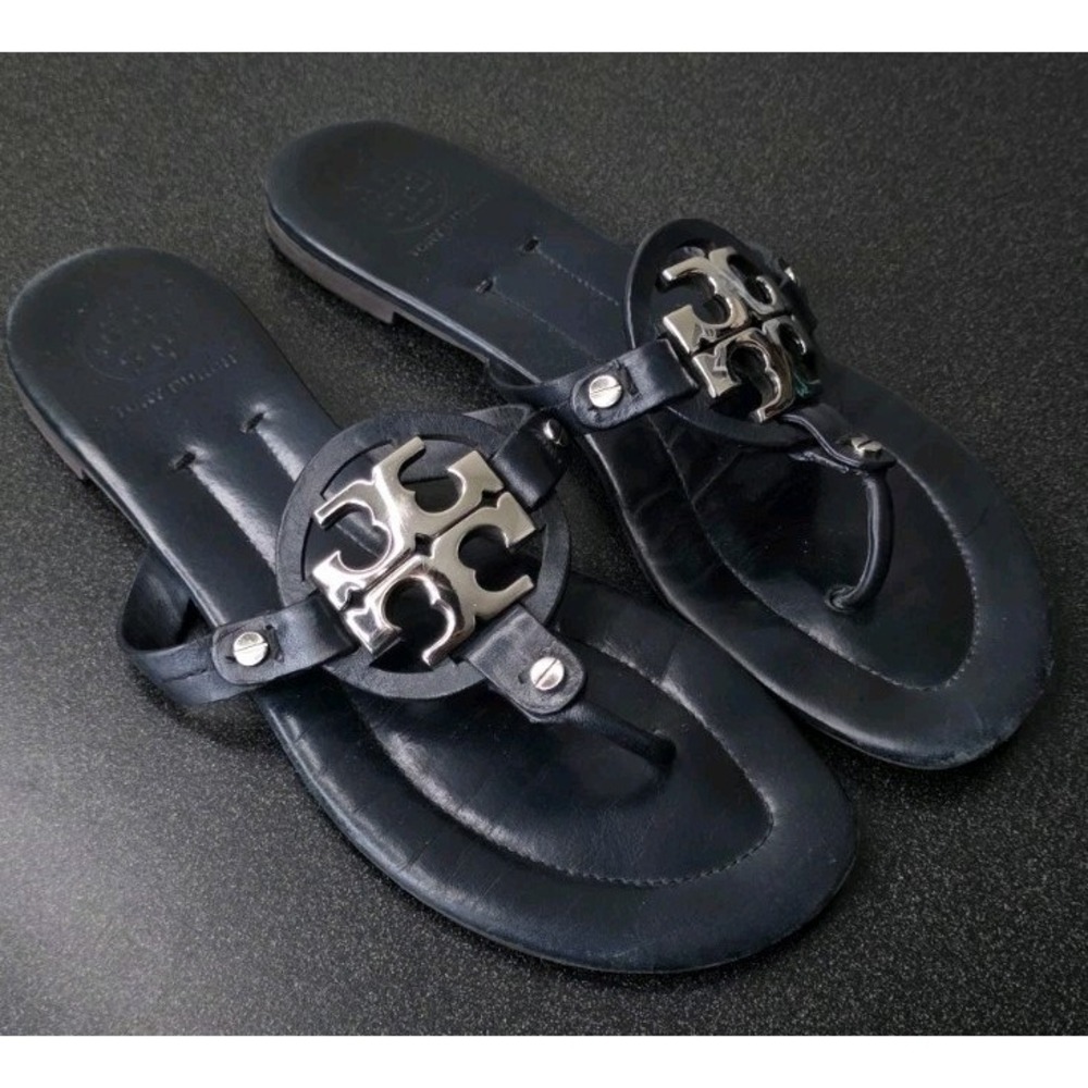 Tory Burch Miller Sandal Slip On Women 8.5 Black Silver Logo Made In Brazil